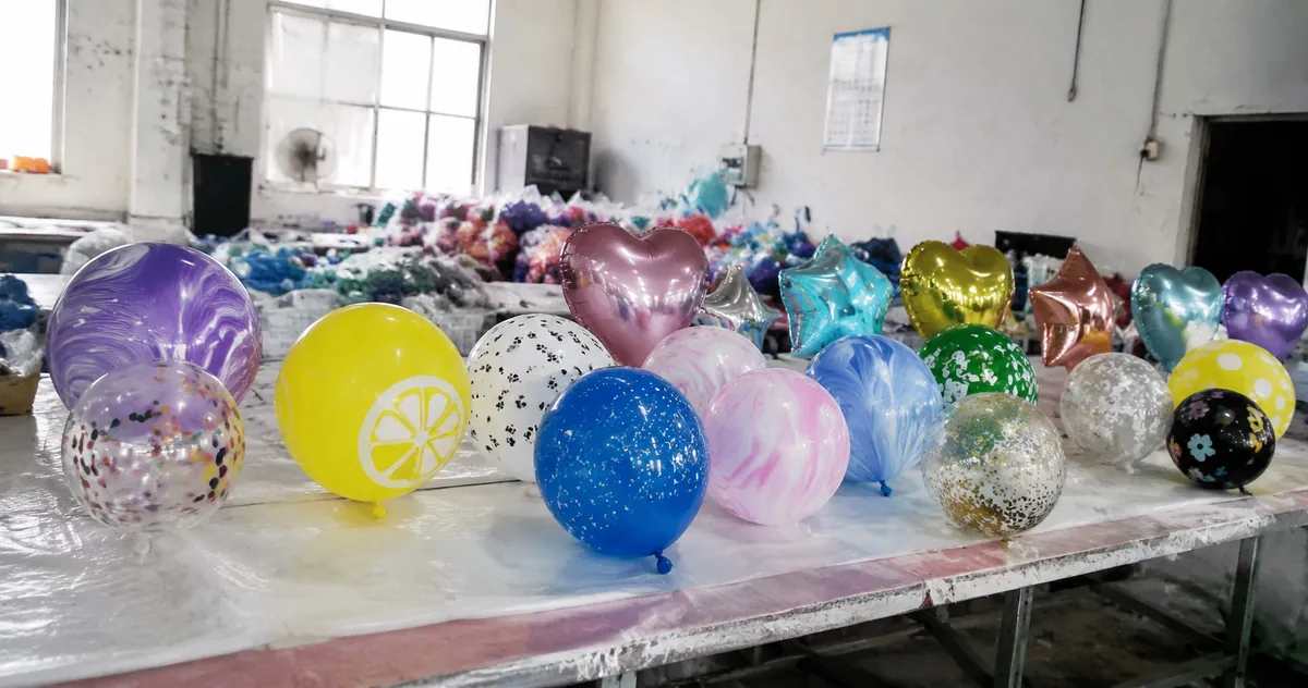 Different balloon materials — latex, foil, mylar, and PVC — displayed side by side on a factory inspection table