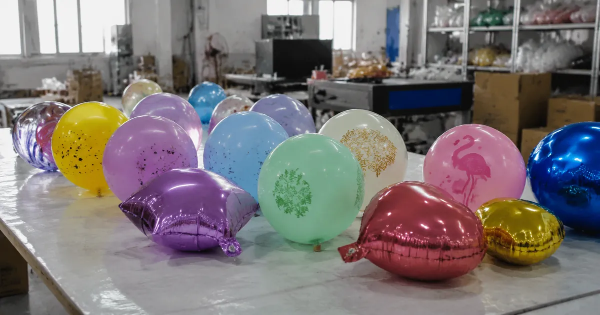 Colorful custom printed latex and foil balloons arranged on a factory sample table for buyer inspection