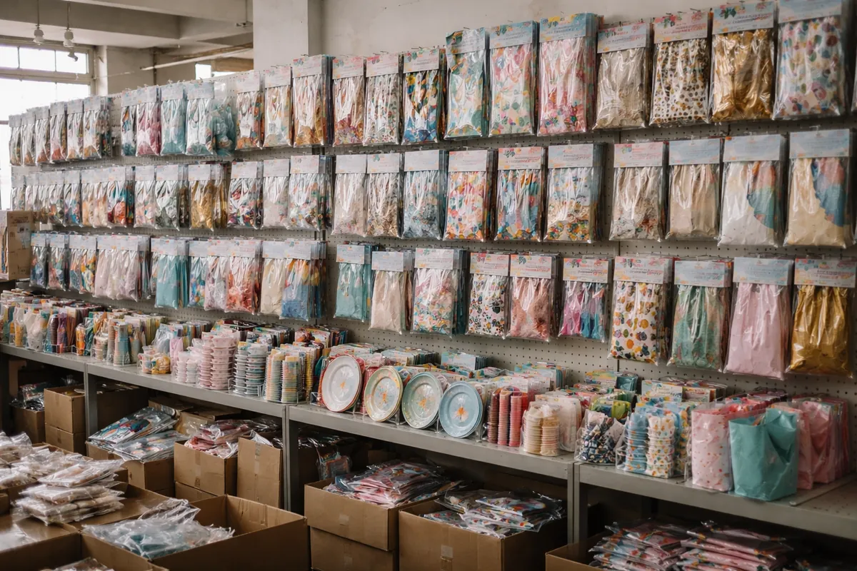 Natural latex balloons and eco packaging samples being reviewed on a factory inspection table
