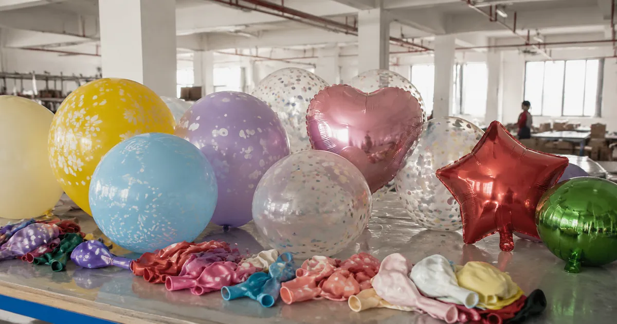 Worker screen-printing a logo onto latex balloons on a printing jig in a Zhejiang factory