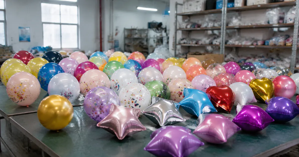 Bulk foil balloons in number letter and shape designs arranged for factory inspection