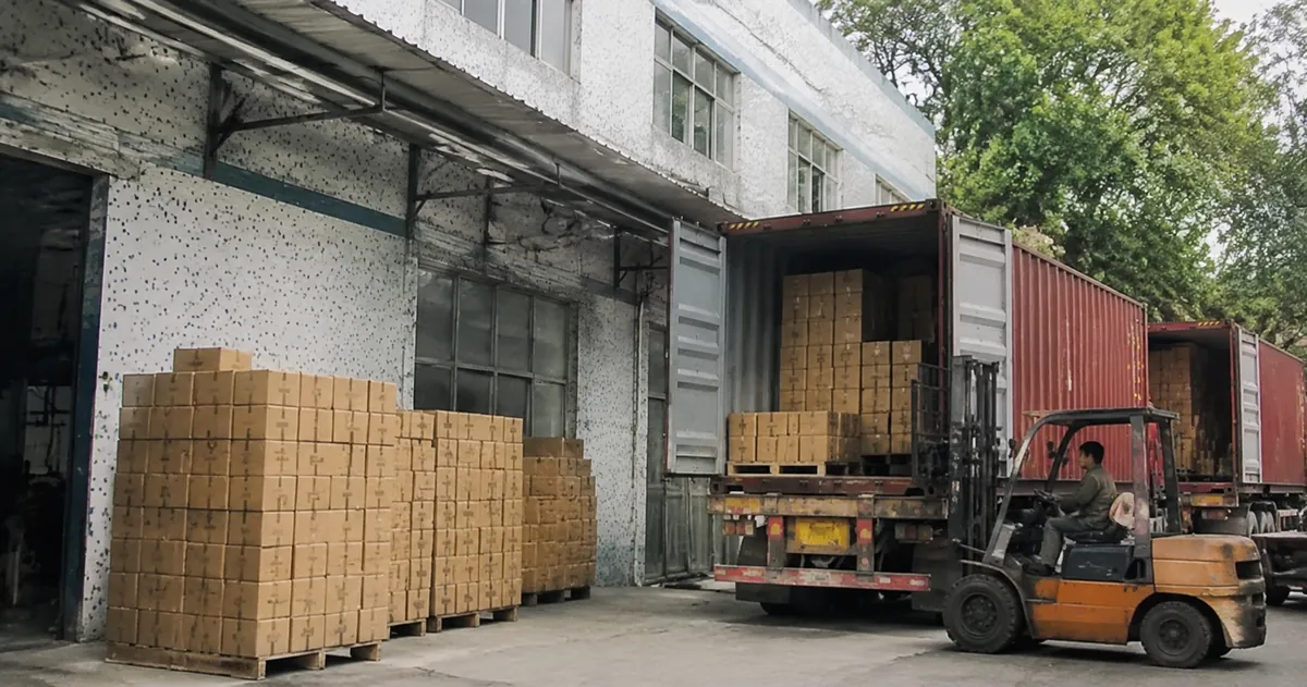 Optimized carton loading of party supplies in a shipping container at a Chinese factory loading dock