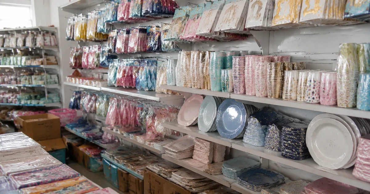 Mixed party supply products including balloons, tableware, banners, and gift bags in coordinated retail packaging on factory shelves