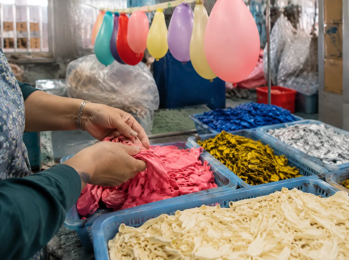 custom printed balloons in various colors and sizes on a factory sample table
