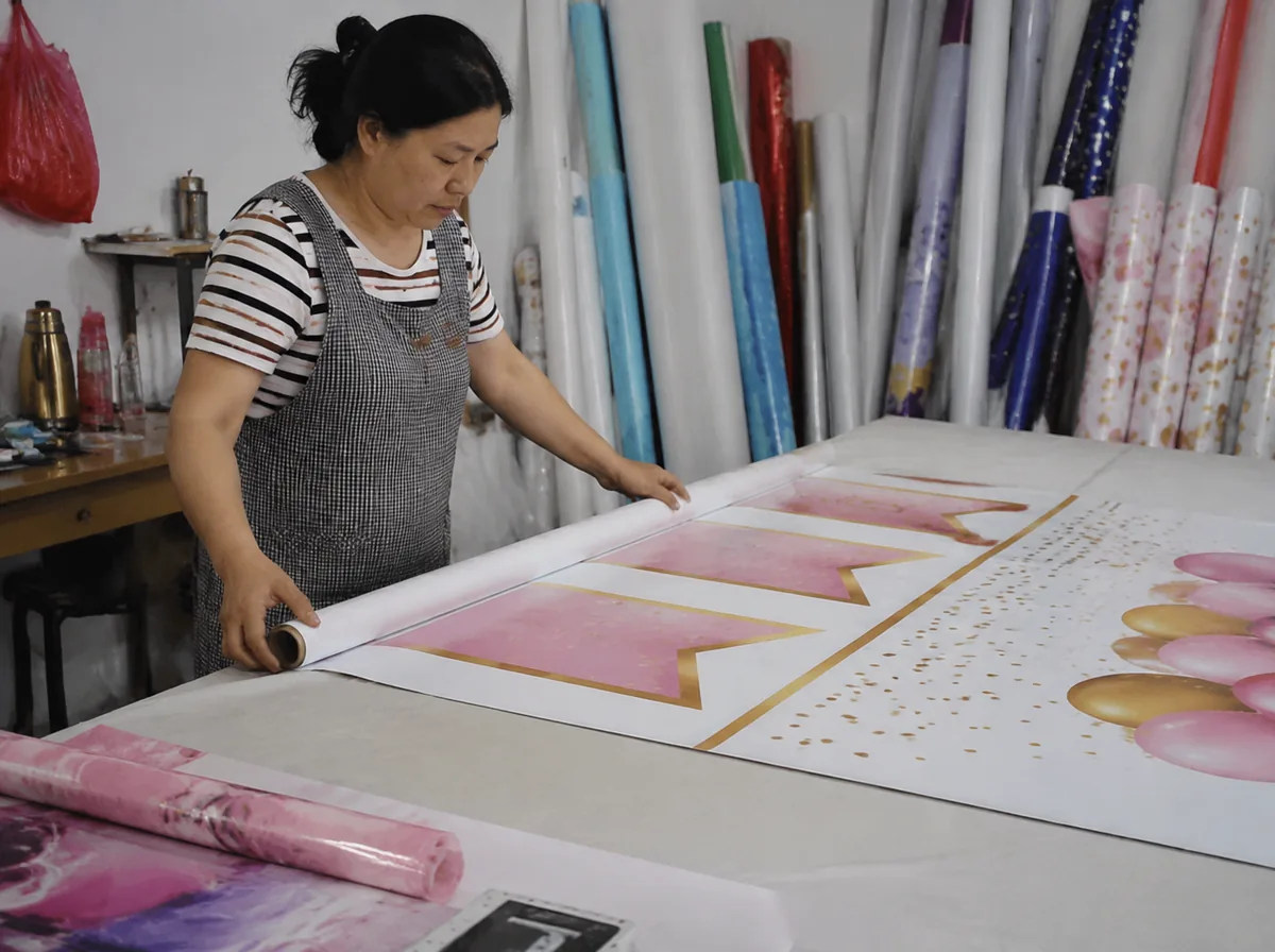 custom party banners, bunting, and backdrop boards in a factory display area