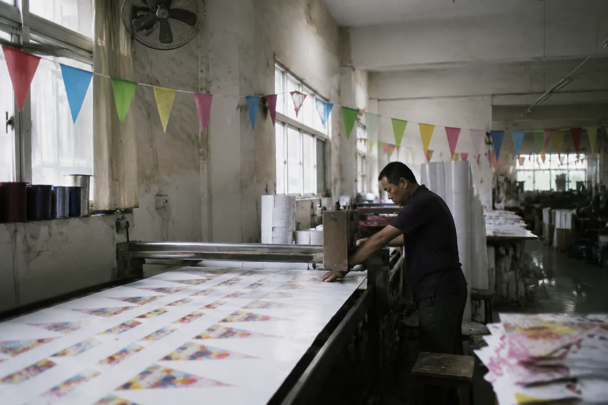 Custom Bunting & Party Banners production at the factory in Zhejiang, China